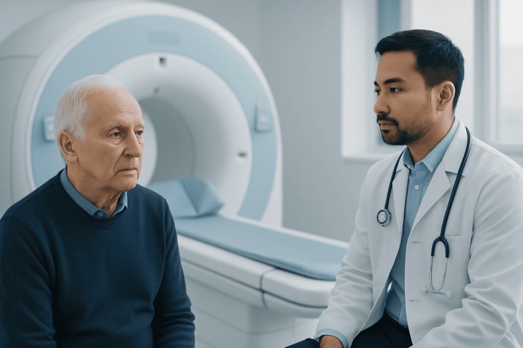 Doctor consulting with elderly patient in medical imaging room at Acibadem Hospital.