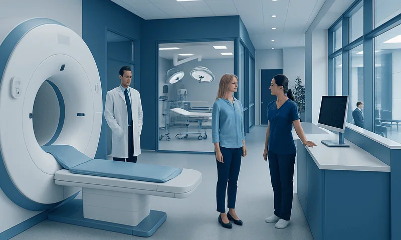Modern MRI scanner in a high-tech hospital setting with medical staff.