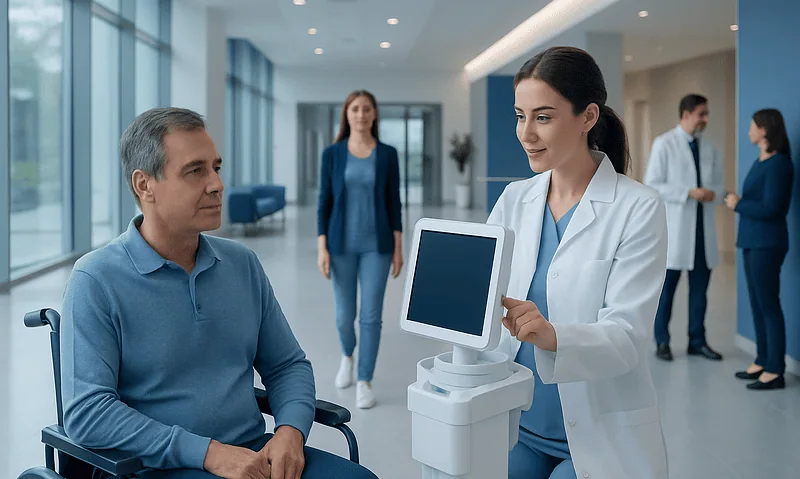 Healthcare professional using advanced medical technology with patient in hospital.