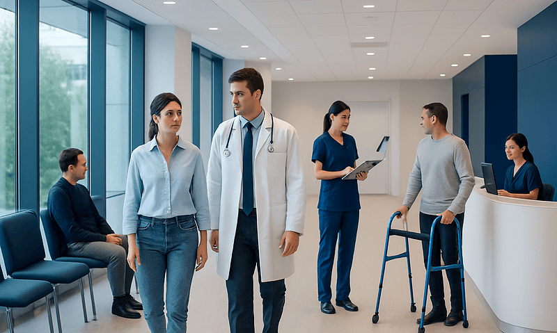 What Technology International Patients Find at Acibadem Hospitals 5 Modern hospital interior with medical staff and patients engaging in consultation.
