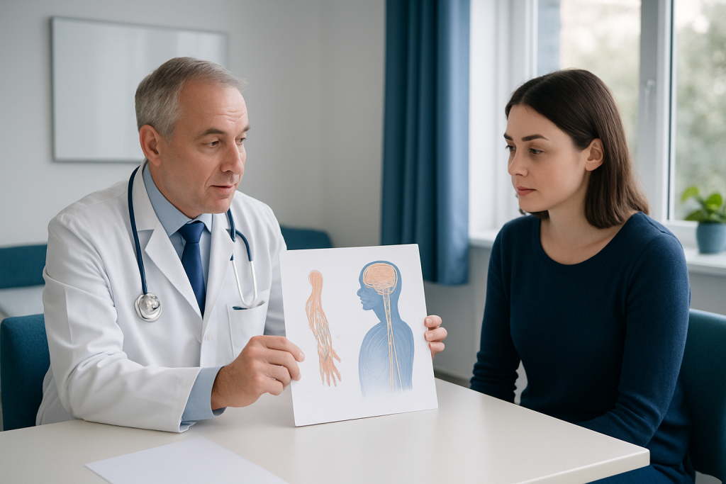 Doctor explaining nerve diagram to patient in a consultation room.