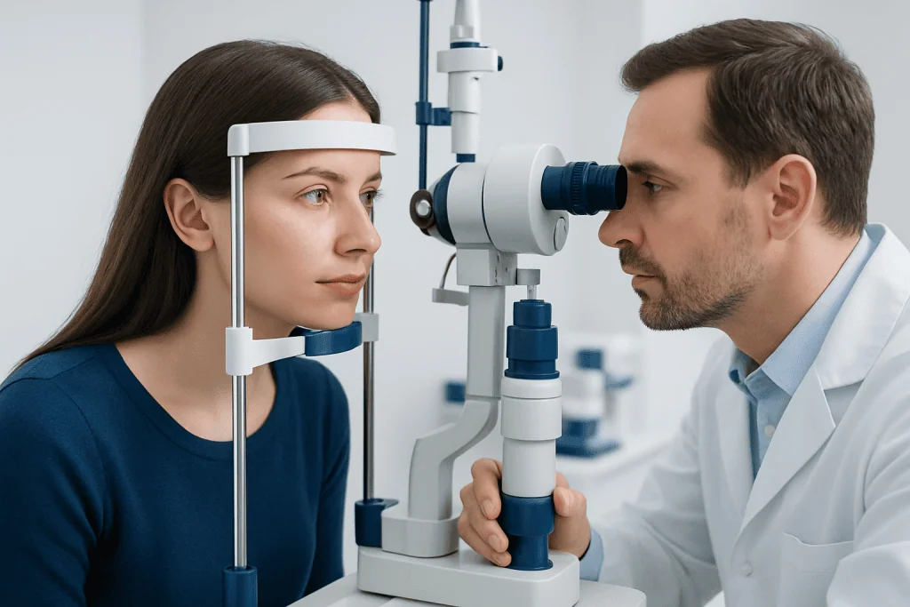 Optometrist performs eye exam using slit lamp with female patient.