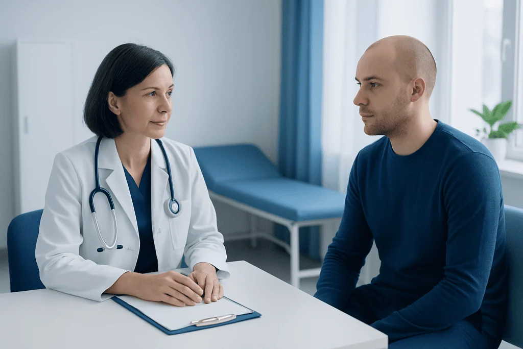 Doctor consulting with patient in a medical office setting.