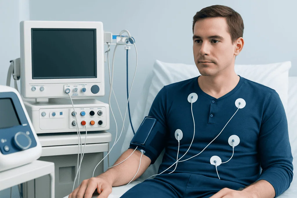 Patient undergoing autonomic testing with multiple sensors attached.