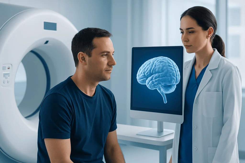 Doctor explaining brain scan to patient in medical facility.