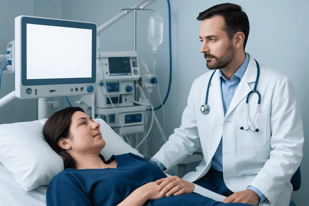Doctor consulting with patient in hospital room at Acibadem Hospitals Group.