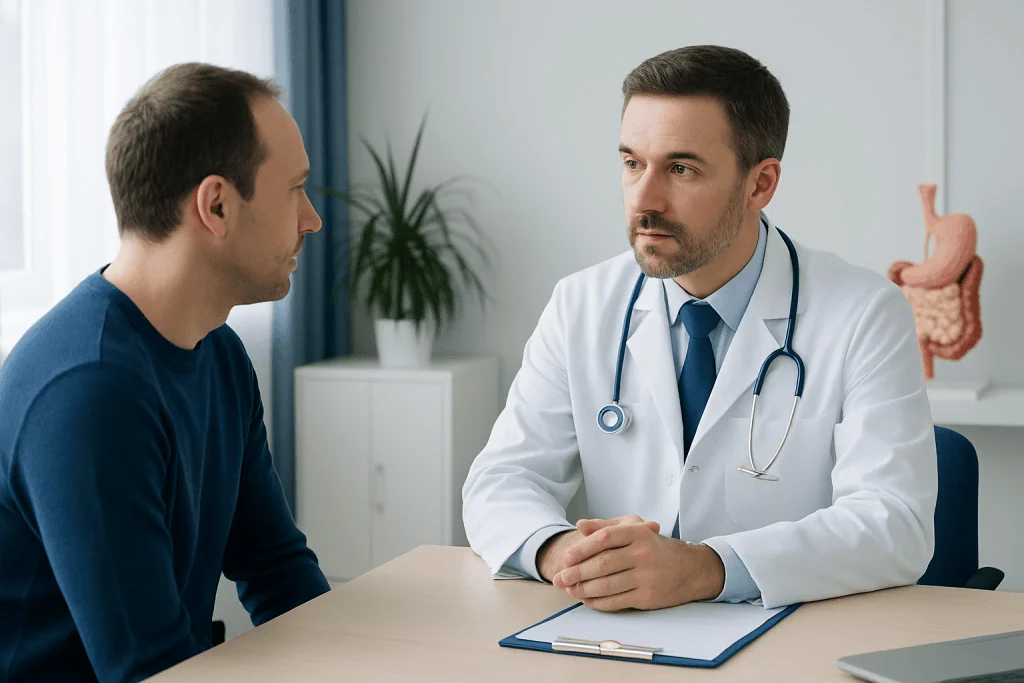 Doctor consulting with patient about gastrointestinal health in clinic.