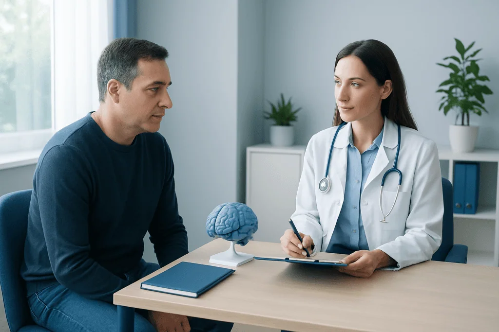 Doctor explains neuropsychological evaluation to patient in a clinic.