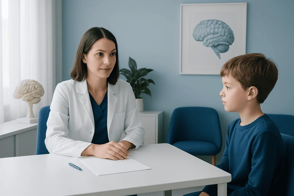 Child undergoing neuropsychological assessment with a doctor in a clinic.