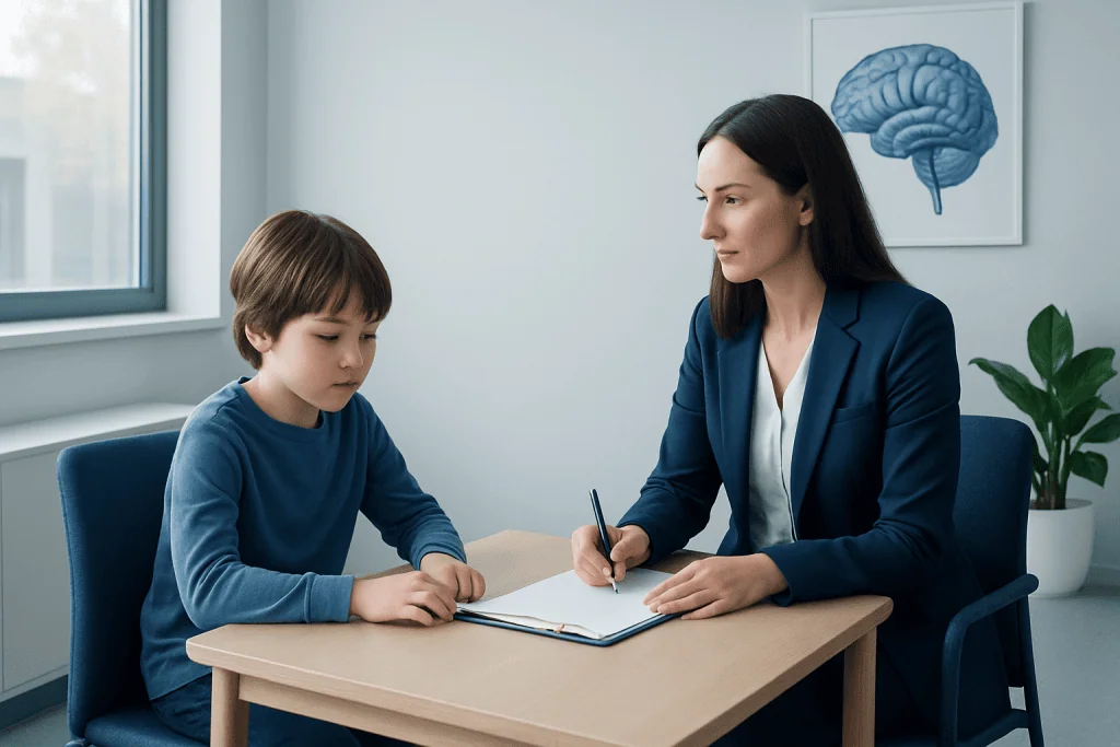 Child undergoing neuropsychological testing with a psychologist in a clinical setting.