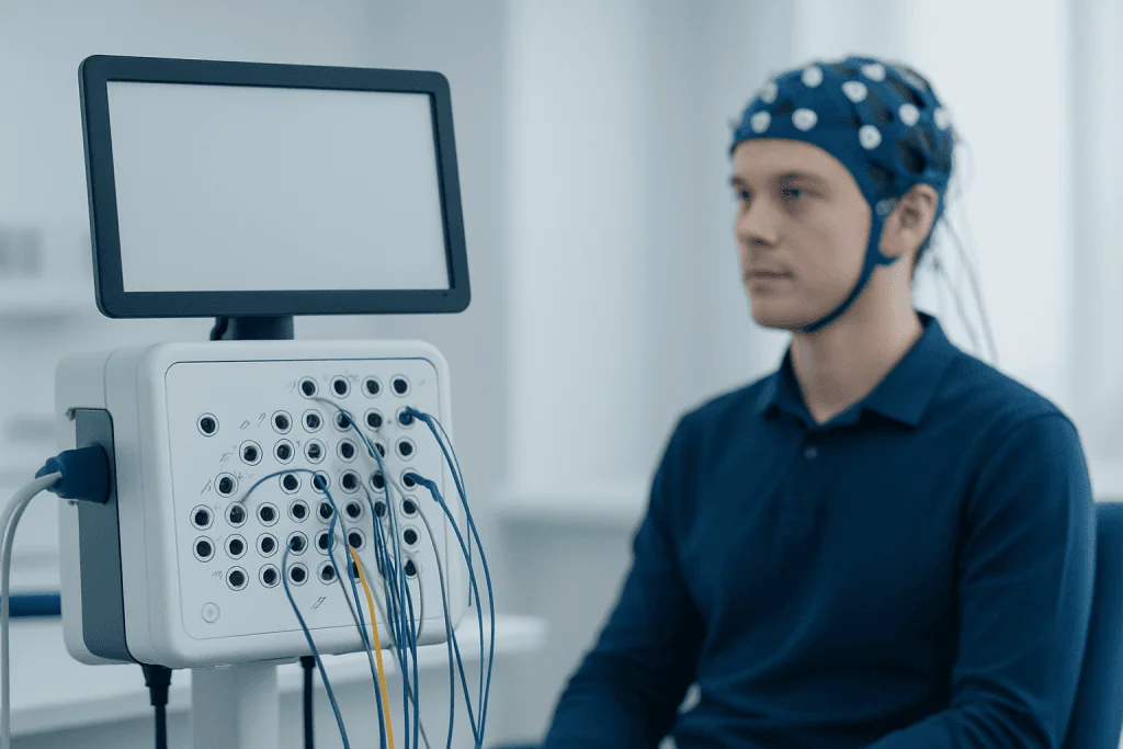 Patient undergoing neuropsychological testing with EEG equipment at Acibadem Hospital.