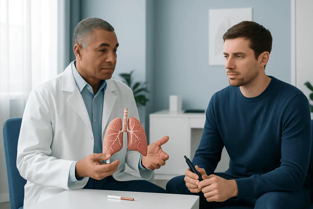 Doctor explaining lung health to a patient with a lung model in a medical office.