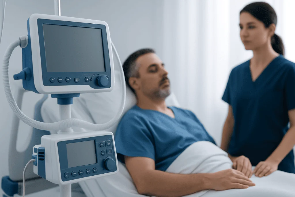 Patient in hospital bed with medical monitors and nurse in background.