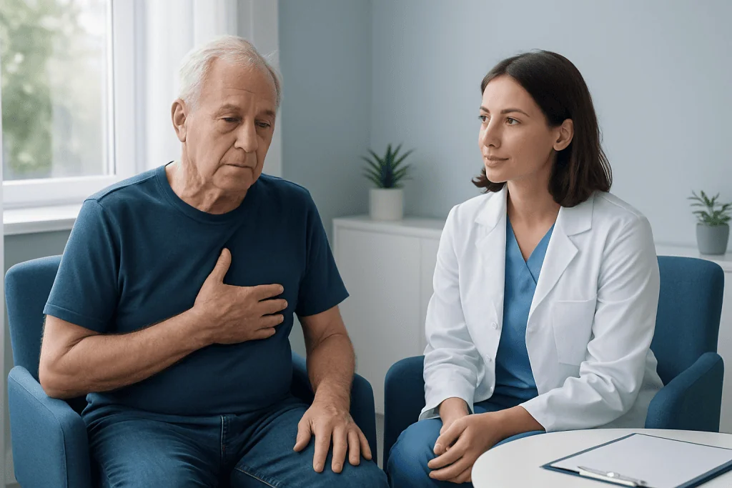 Patient discussing recovery with doctor after heart bypass surgery.