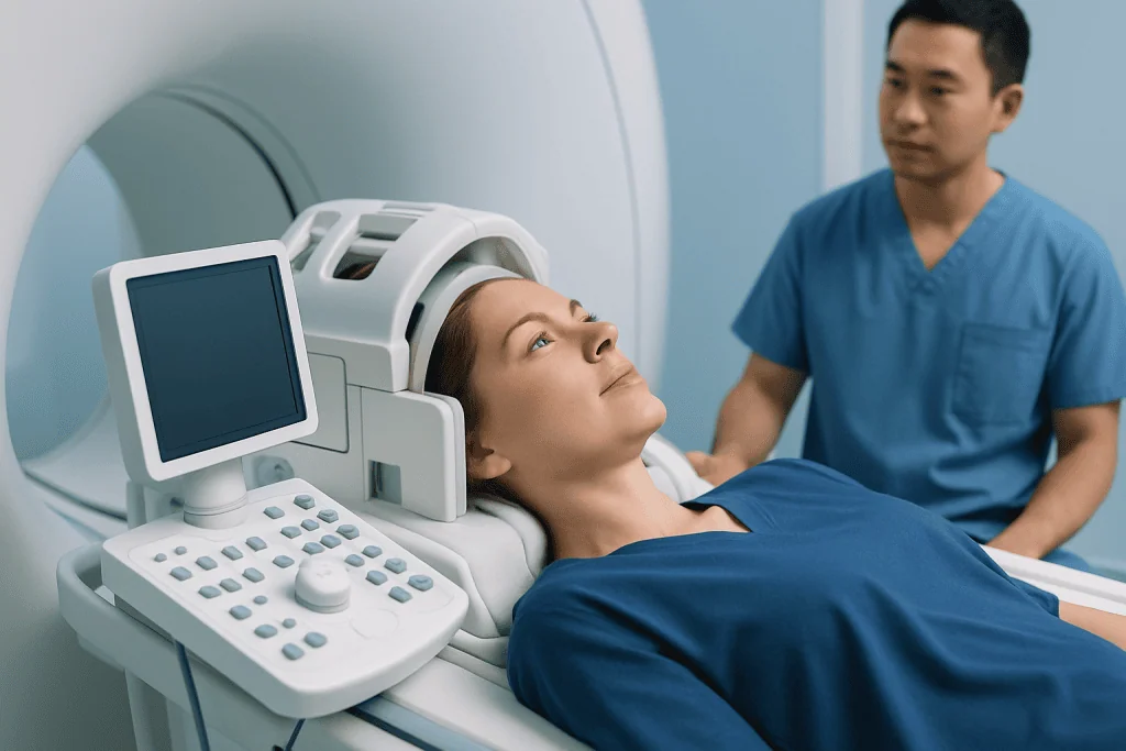 Patient undergoing brain MRI scan at Acibadem Hospital.