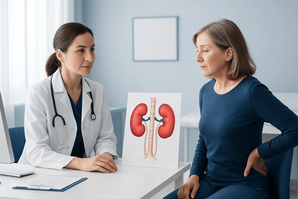 Doctor explaining kidney anatomy to a patient with a diagram of kidneys and urinary system.