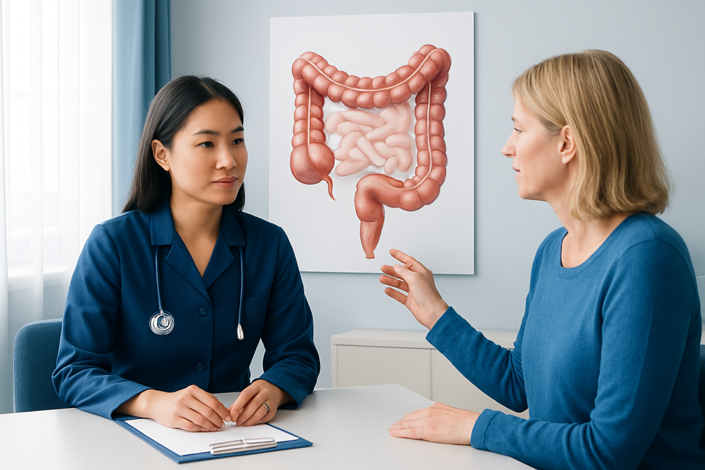 Doctor explaining intestinal anatomy to patient in a medical consultation.