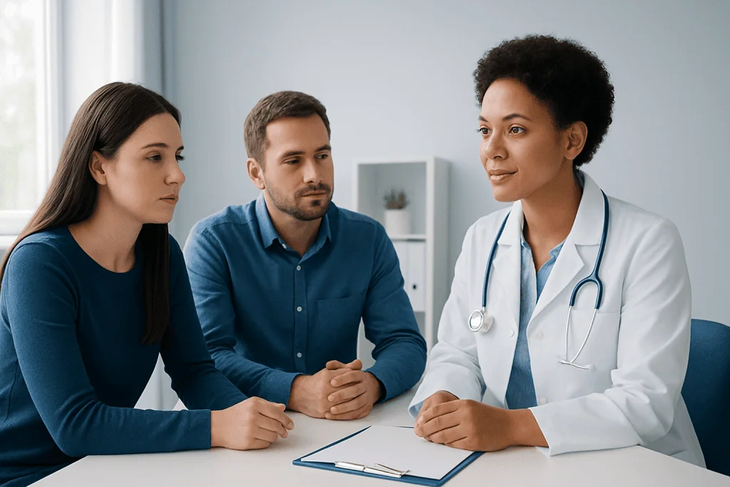Fertility consultation with doctor and couple in a medical office.