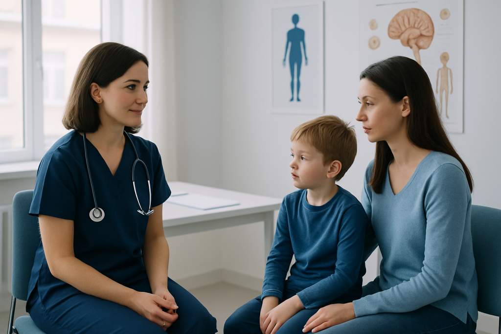 Doctor consulting with mother and child in a pediatric neurology clinic.