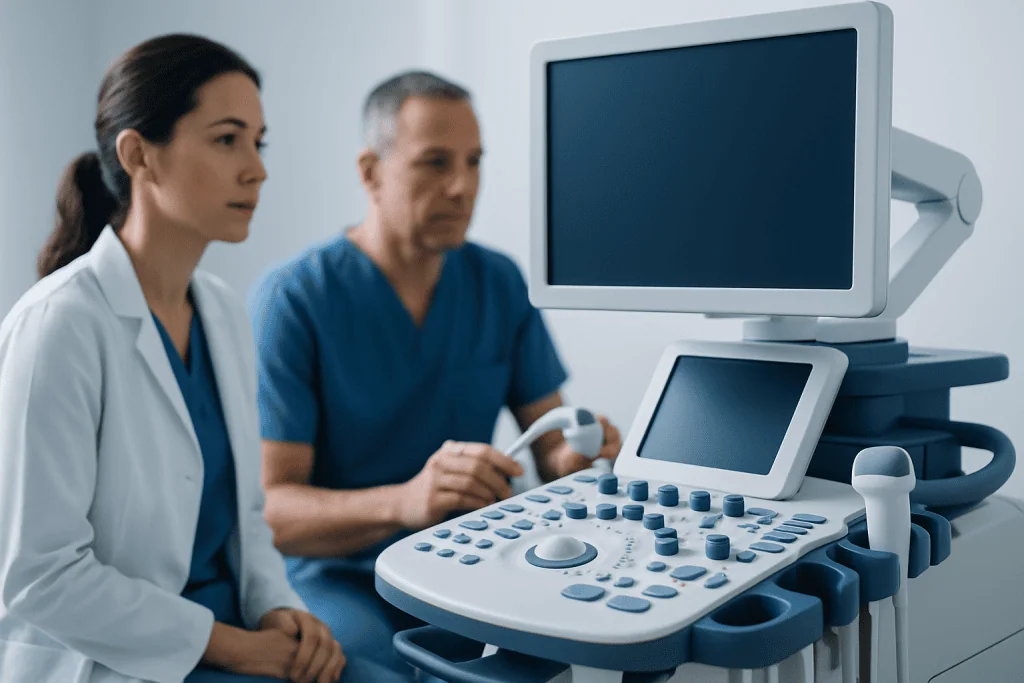 Medical professionals using ultrasound equipment in a hospital setting.