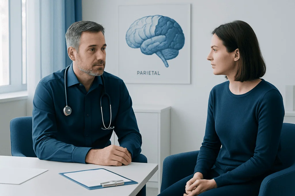 Doctor consulting with a patient in a medical office with brain diagram.