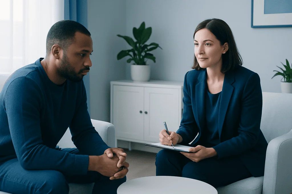 Therapist and patient in a mental health counseling session.
