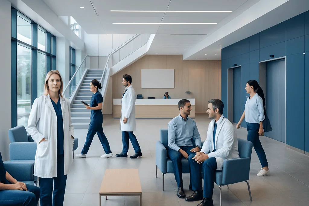At Acibadem, Which Hospital Campus Fits Your Treatment Plan 1 Modern hospital lobby with medical staff and patients in a bright, spacious setting.