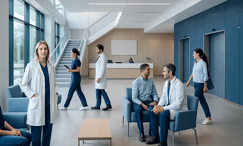 Modern hospital lobby with medical staff and patients in a bright, spacious setting.