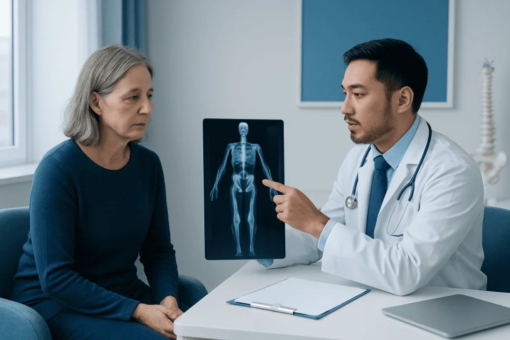Doctor explaining bone scan results to an elderly woman in a medical office.