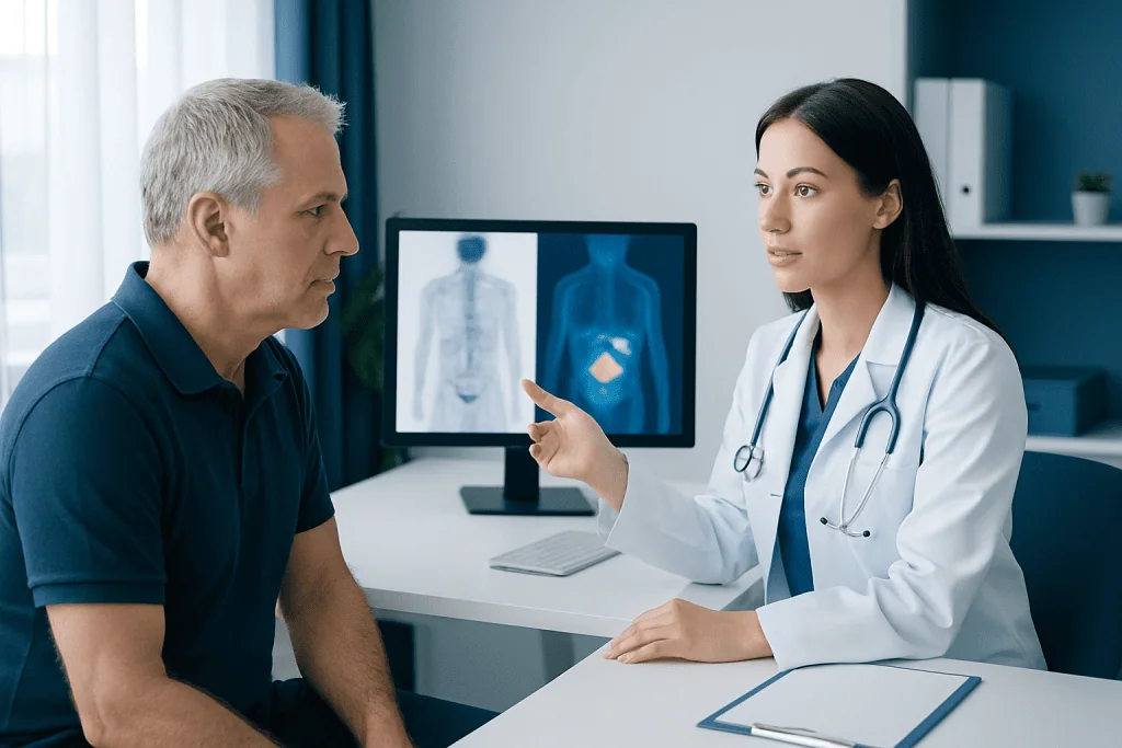 Doctor explaining prostate scan results to patient in clinic setting.