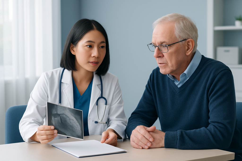 Doctor explaining coronary angiography to an elderly patient.