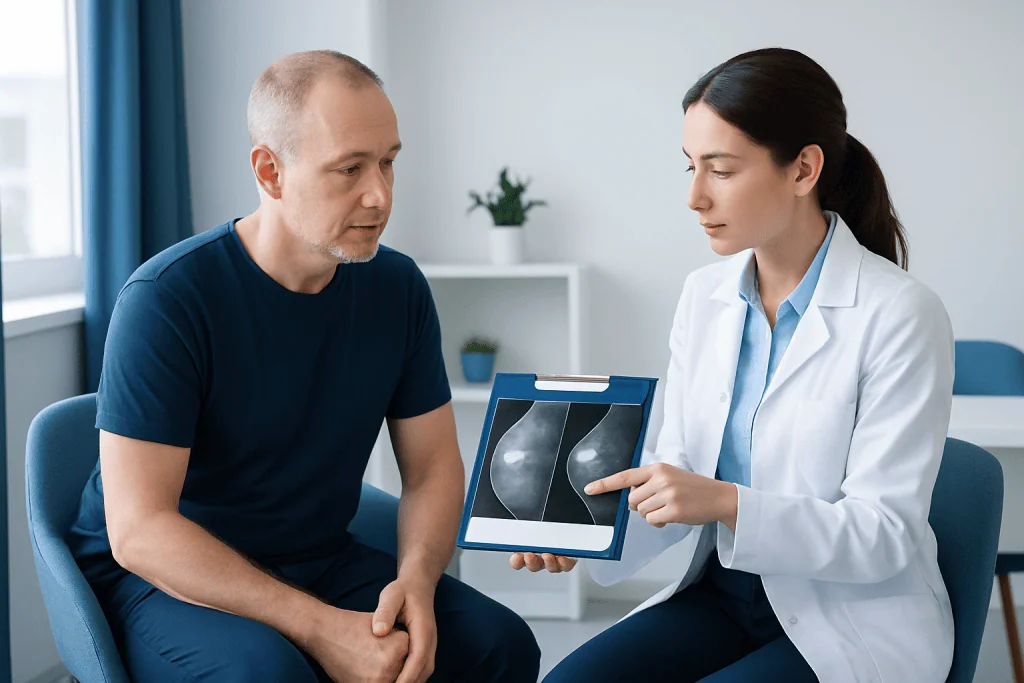 Doctor explains mammogram results to male patient in a clinic setting.