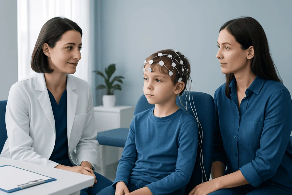 Child undergoing EEG test with medical professionals in a clinic setting.