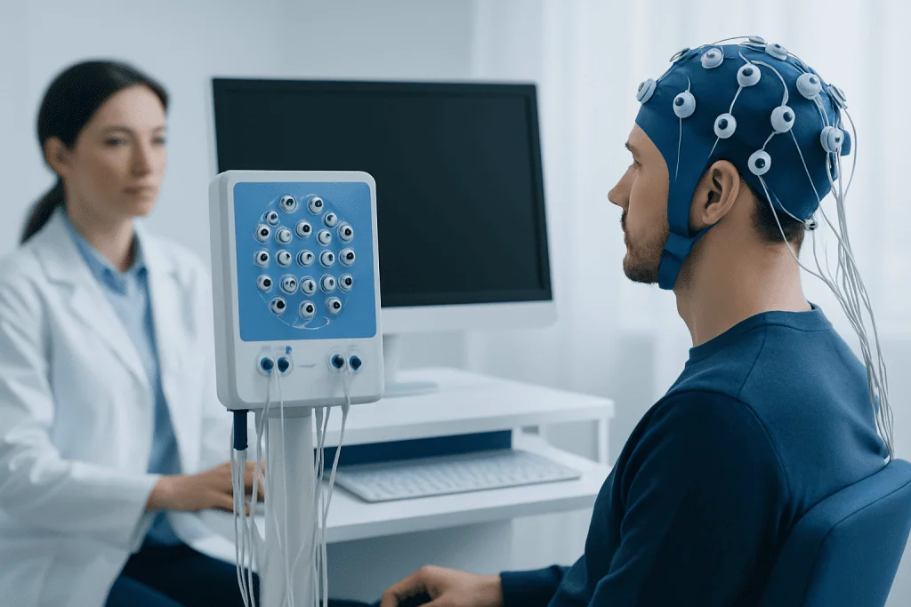 Patient undergoing neuropsychological testing with EEG equipment in a clinical setting.