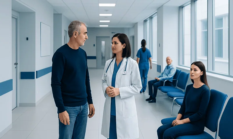 What Is the Total Cost of Treatment in Turkey From Inquiry to Return Home? 13 Doctor consulting with patient in hospital corridor with waiting patients.