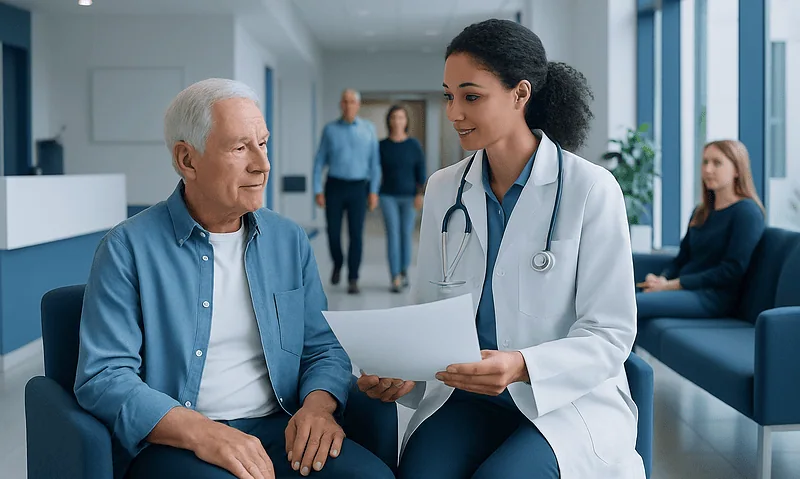 Doctor discussing discharge documents with elderly patient in hospital.