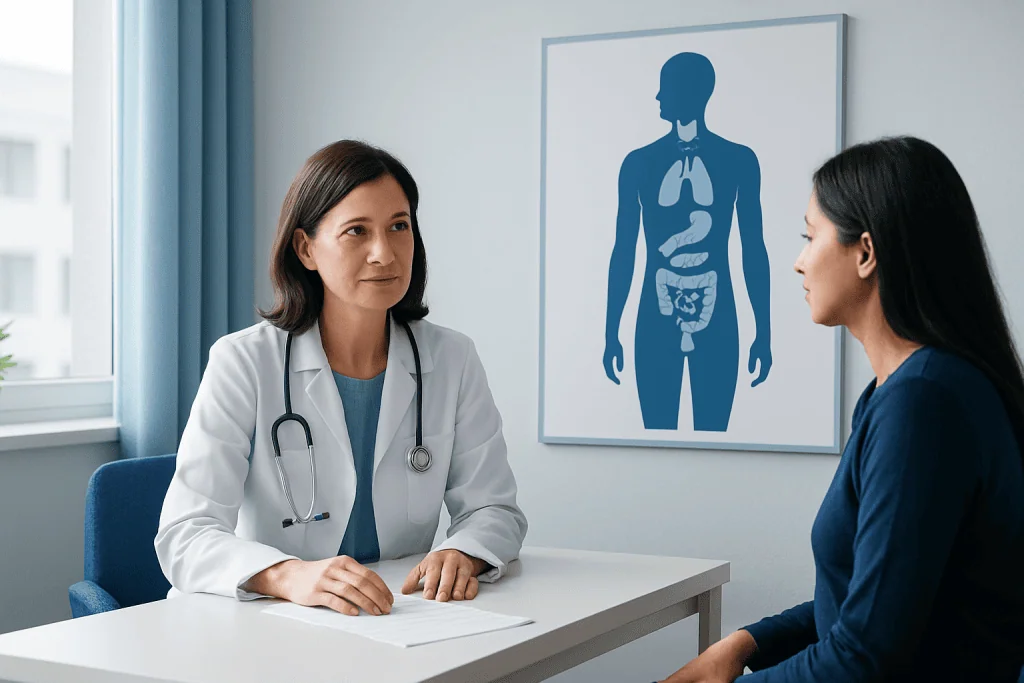 Doctor consulting patient about endocrine system in clinic.