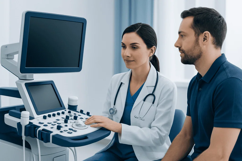 Doctor and patient using ultrasound machine in a medical clinic.