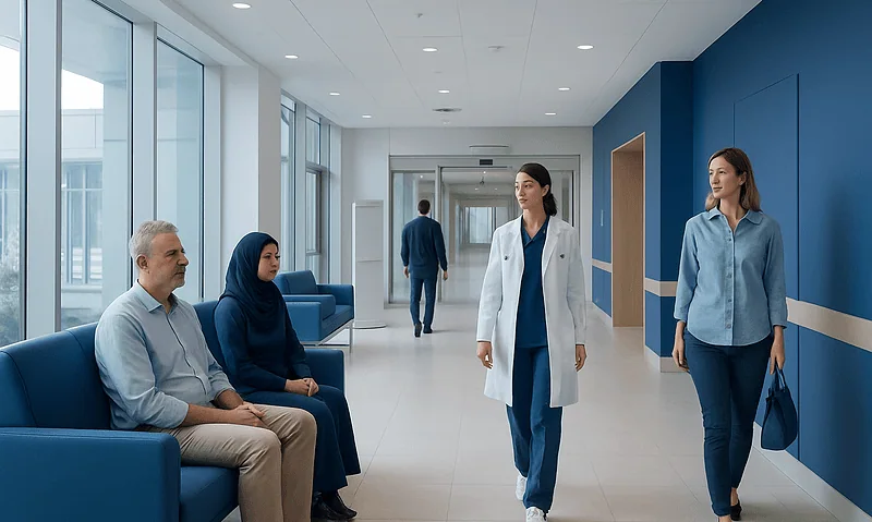 Patients waiting in a modern hospital corridor with medical staff approaching.