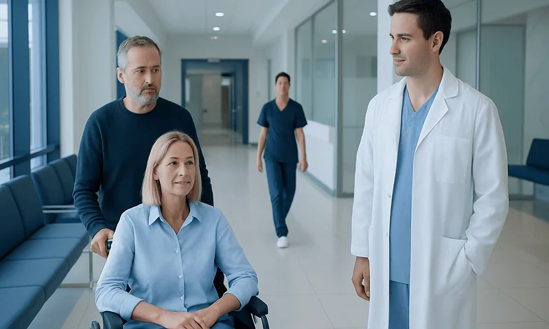 Medical consultation at Acibadem Hospital with doctor and patients in a modern hospital corridor.
