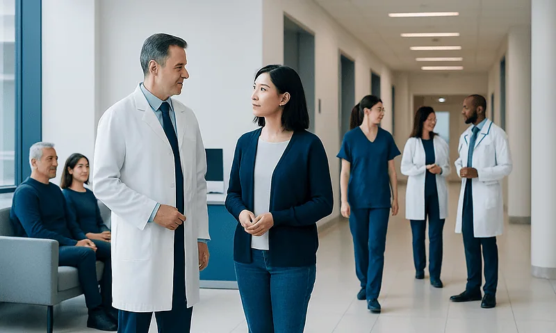 How Acibadem Uses Technology, Doctors, and Care Teams 7 Healthcare professionals and patients in a modern hospital corridor.