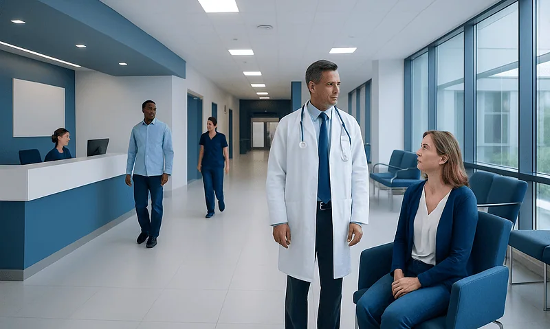 Medical professionals and a patient in a modern hospital corridor.