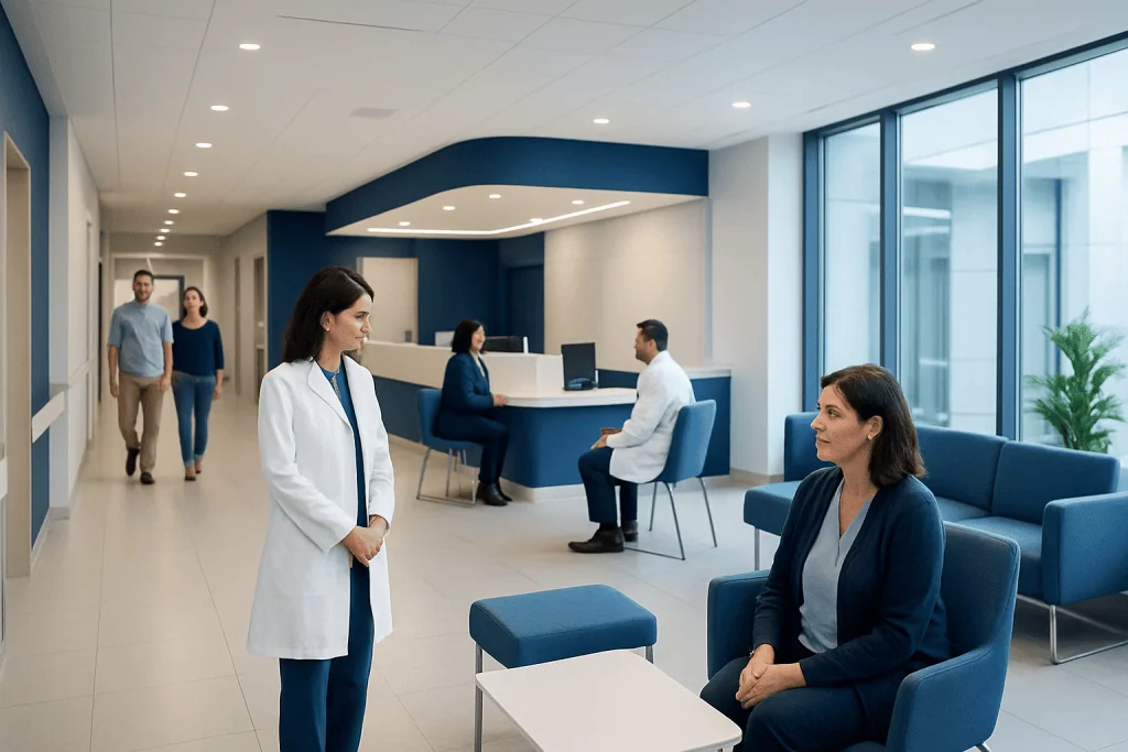 At Acibadem, How We Handle Consent, Privacy, and Patient Decisions 1 Patient consulting with doctor in modern hospital lobby.
