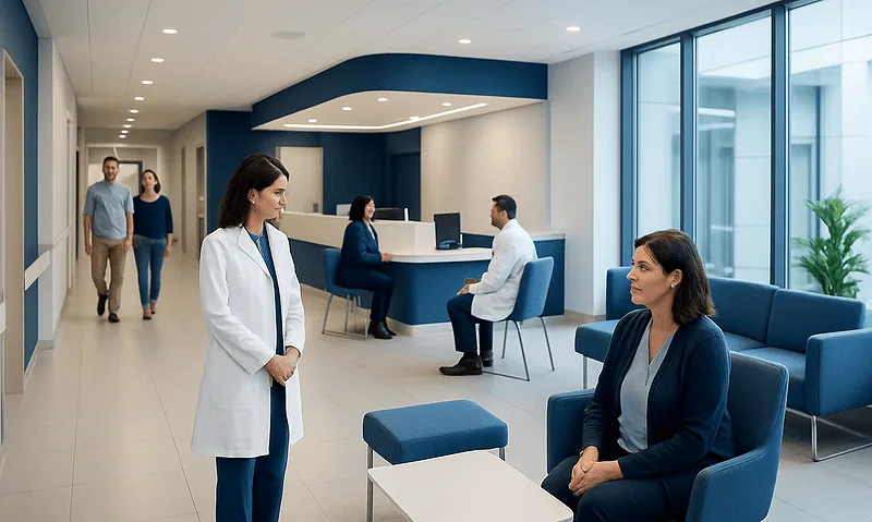 Patient consulting with doctor in modern hospital lobby.