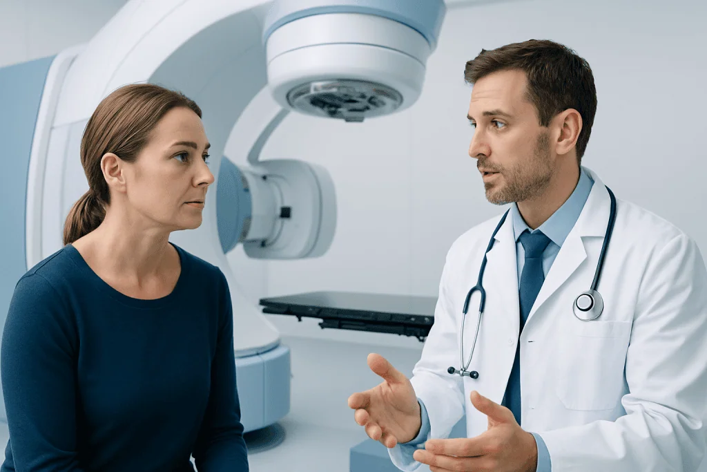 Doctor explaining treatment options to a female patient in a medical facility.