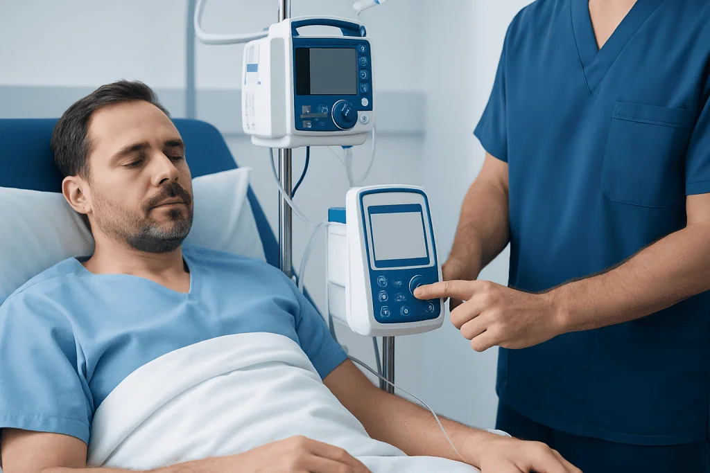 Patient receiving pain management treatment in hospital bed at Acibadem Hospital.