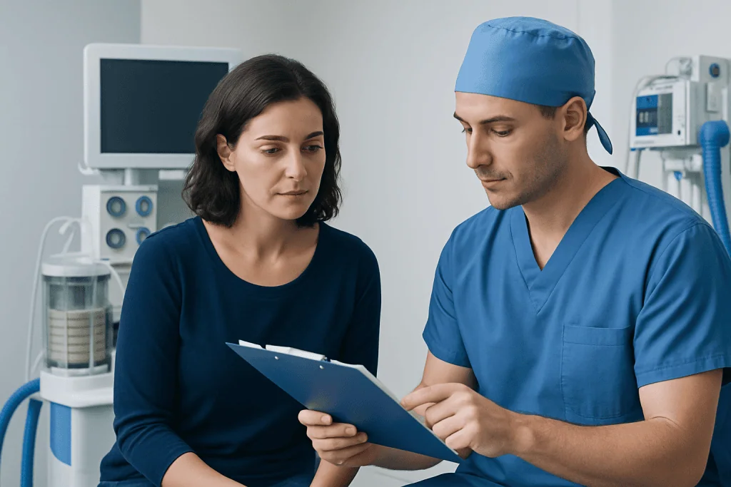 Doctor explaining treatment costs to a patient in a hospital setting.