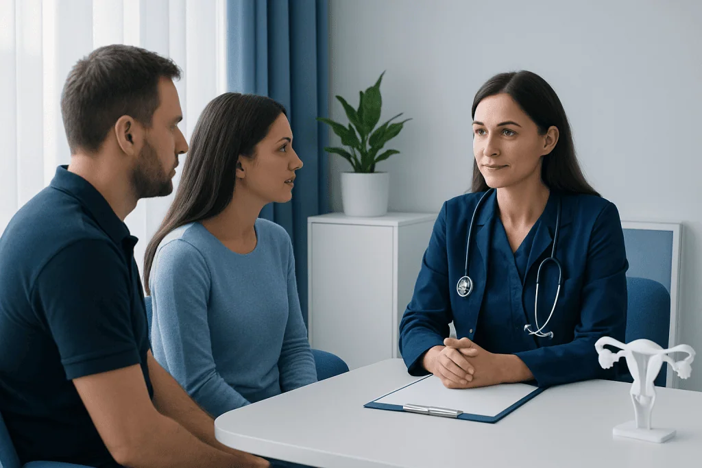Doctor consulting with couple about fertility treatment options at Acibadem Hospital.