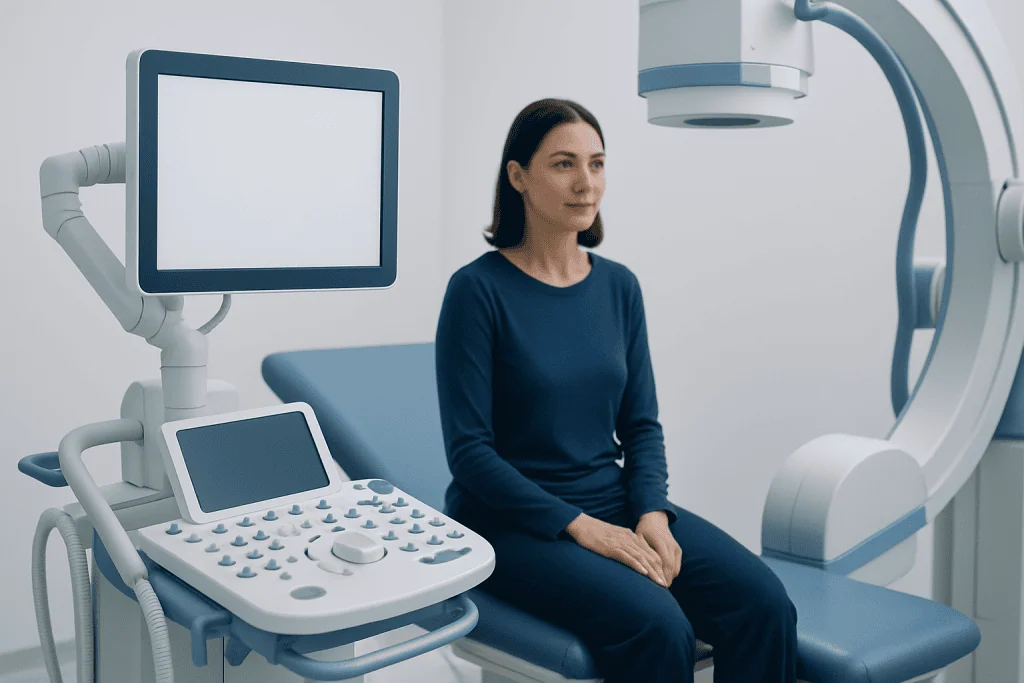 Patient in a medical examination room with advanced imaging equipment.