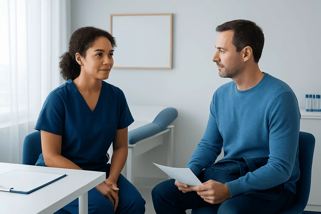 Medical consultation at Acibadem Hospital with doctor and patient.